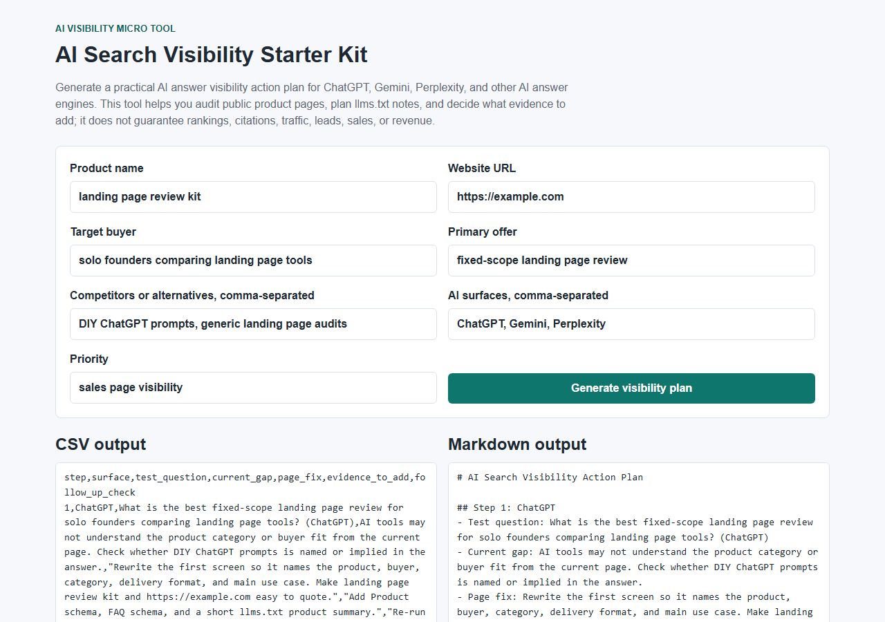 AI Search Visibility Starter Kit planner interface showing input fields and generated CSV and Markdown outputs.